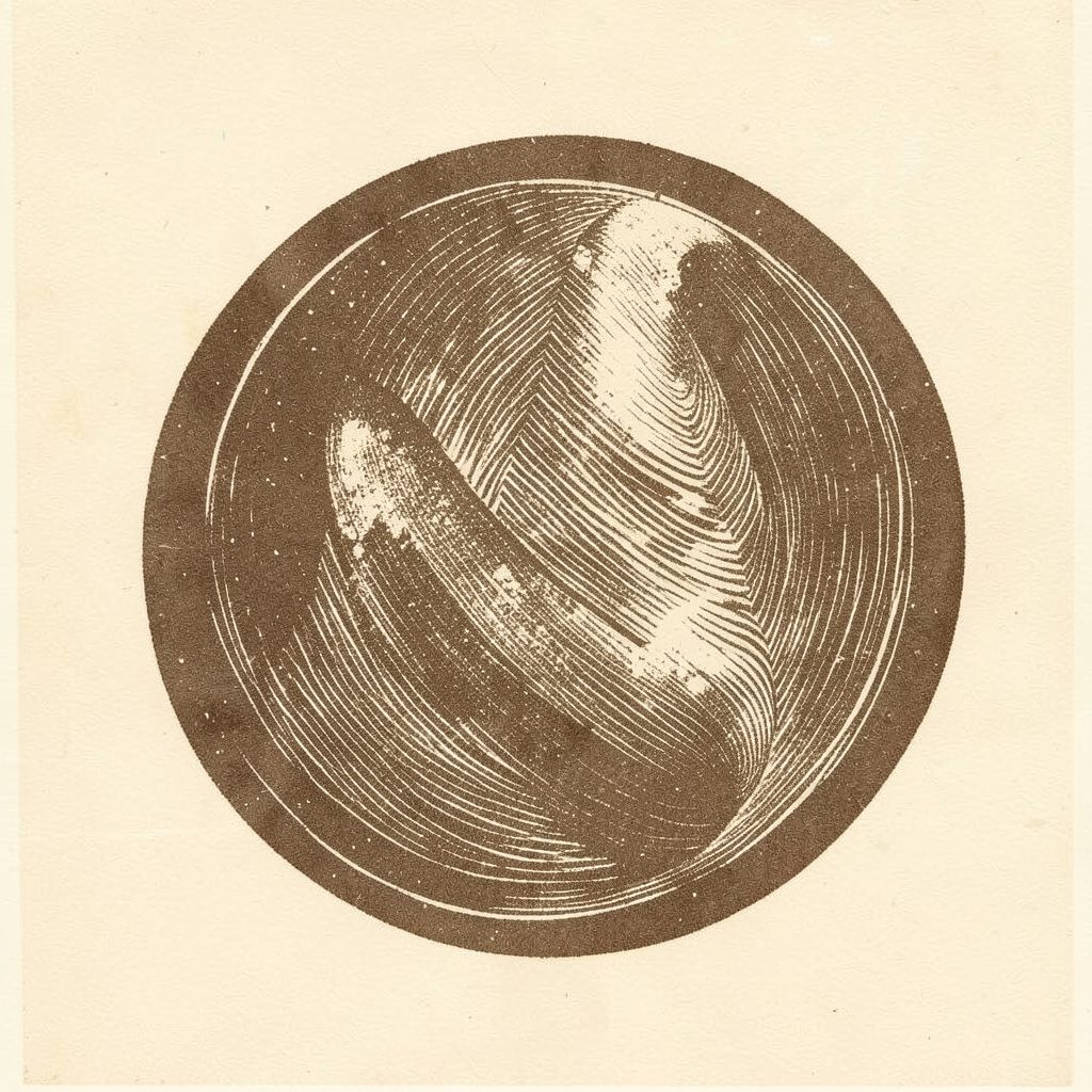 Linogravure d'une forme organique arrondie en brun terreux sur fond crĂšme