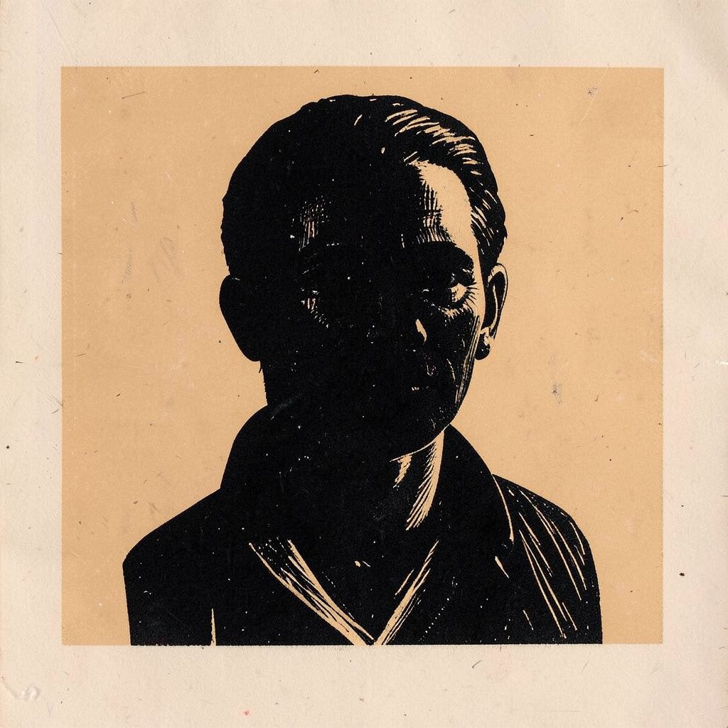 Linogravure d'une silhouette épurée en noir profond sur fond ocre pùle